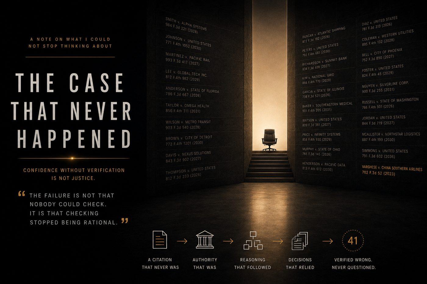 A dark archive of court decisions, wall after wall of case citations, with a single empty chair lit at the far end. One citation glows: Varghese v. China Southern Airlines. Below, a chain: a citation that never was, authority that was, reasoning that followed, decisions that relied, and 41 verified wrong, never questioned.